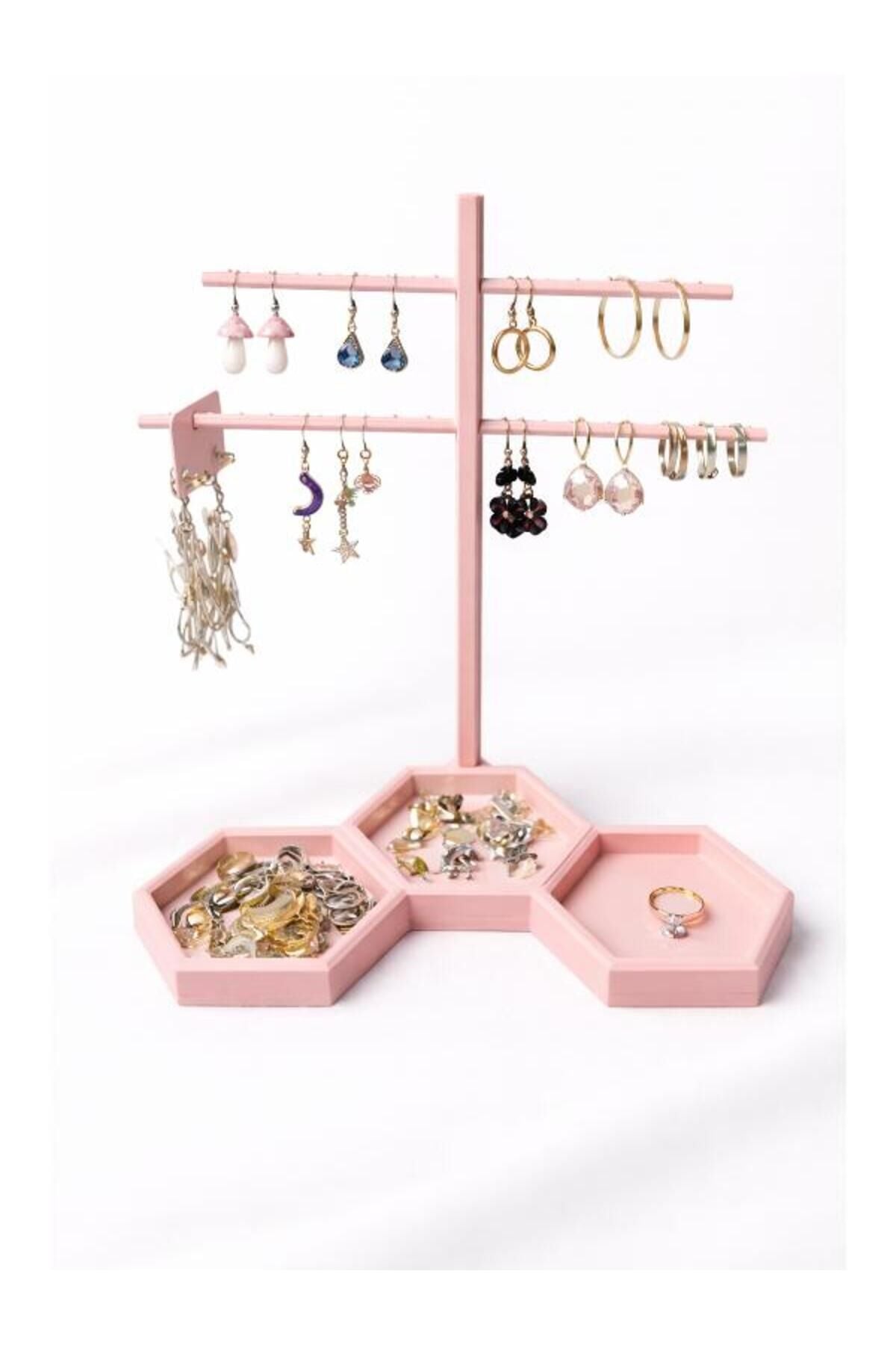 Stand Masaüstü Tutucu Organizer PEMBE Küpe - Aksesuar Standı , Organizeri Pratik Kullanım Yer Tasarrufu Sağlayan