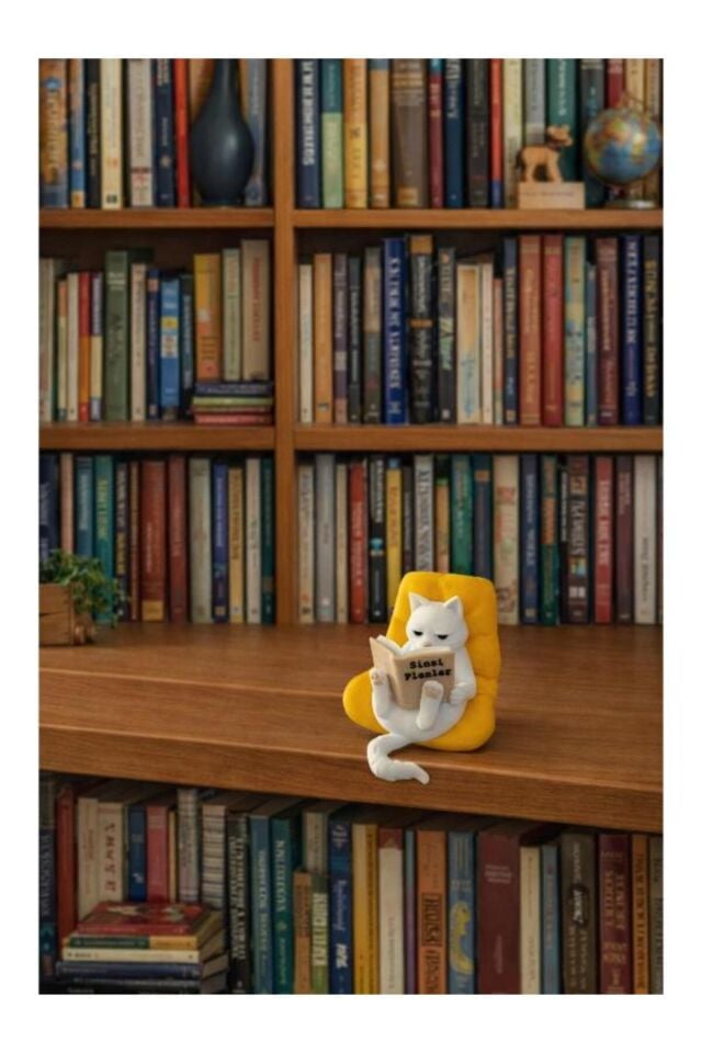 Dekoratif Obje ve Biblo Organizer Düzenleyici Sevimli Kitap okuyan Kedi figürü Kitaplık süsü Masa Pratik Kullanım Yer Tasarrufu Sağlayan