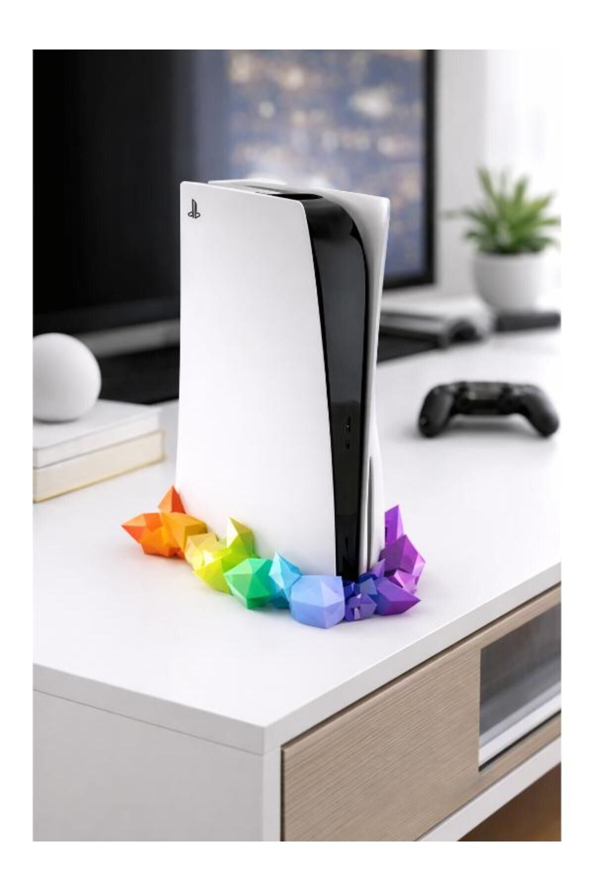 Stand Masaüstü Tutucu Organizer PS5 Uyumlu Kristal Tasarımlı Dikey Konsol Standı Rainbow – Dekoratif Oyun Konsolu Altlığı Pratik Kullanım Yer Tasarrufu Sağlayan
